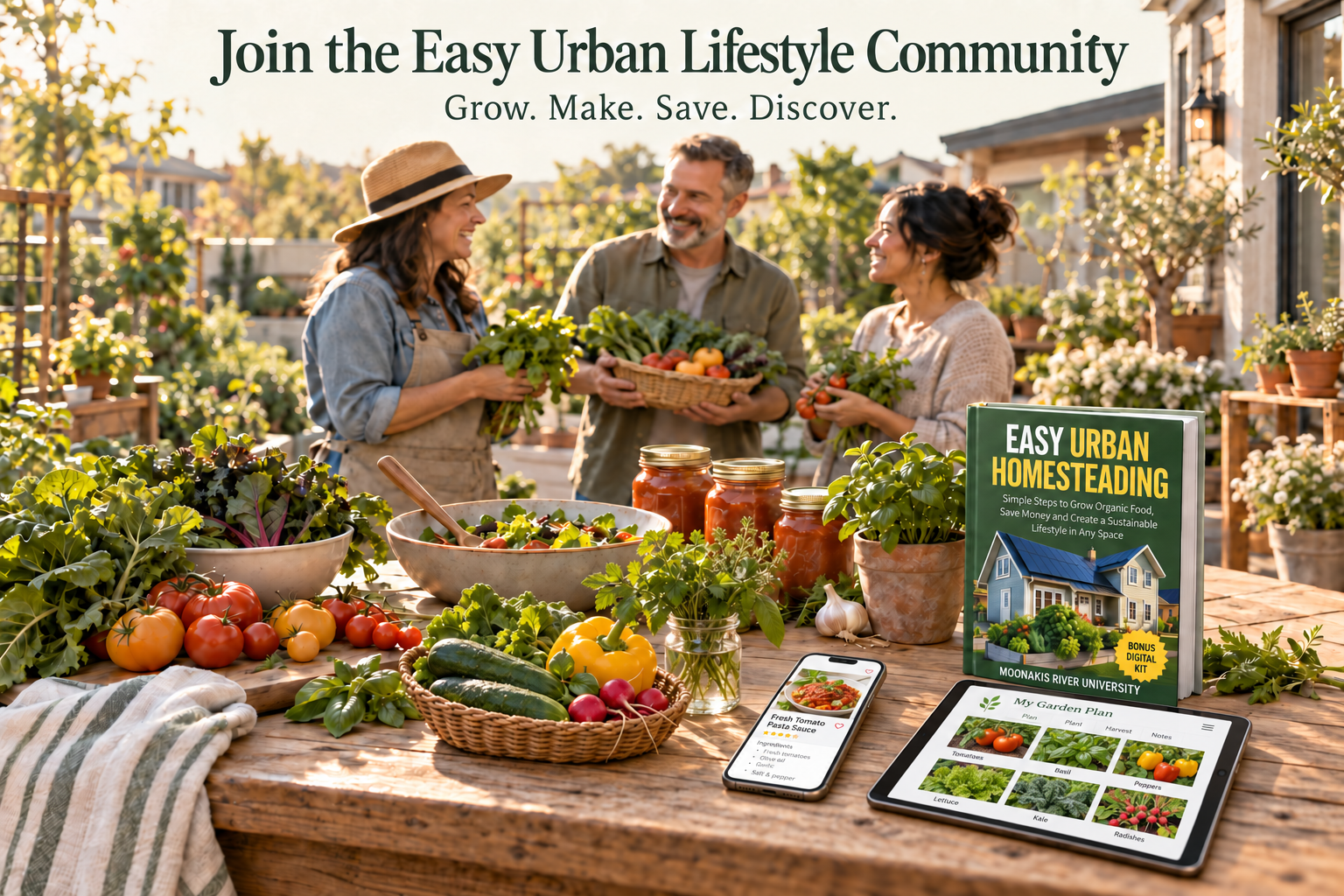 Three adults share a garden harvest behind a table with vegetables, herbs, tomato sauce, digital gardening and recipe tools, and the Easy Urban Homesteading book.